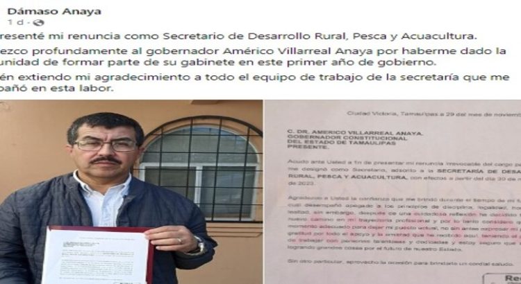 Renuncia el secretario de Desarrollo Rural en Tamaulipas