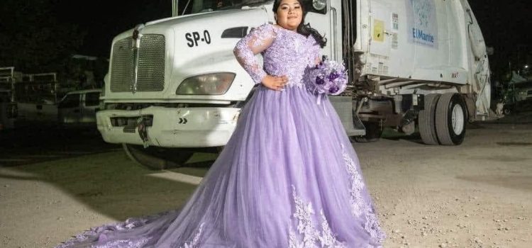 Quinceañera en su sesión de fotos con el carro de basura de su Papá, siempre orgullosa