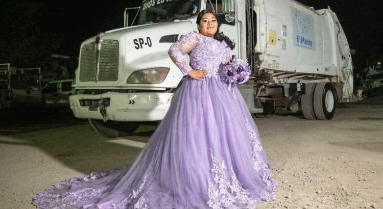 Quinceañera en su sesión de fotos con el carro de basura de su Papá, siempre orgullosa